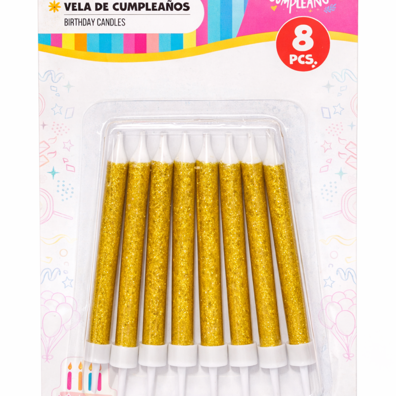 Vela Glitter Dorada - 8 unidades