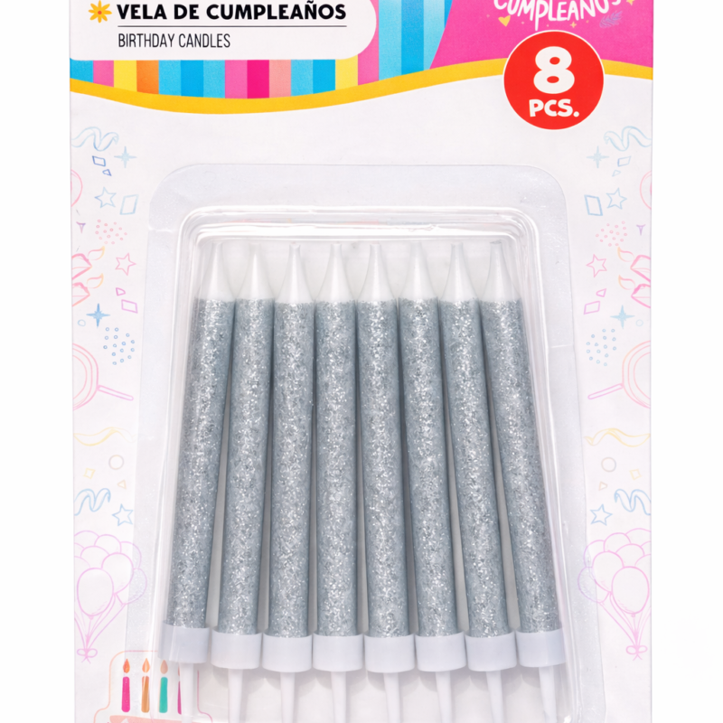 Vela Glitter Plateada – 8 unidades