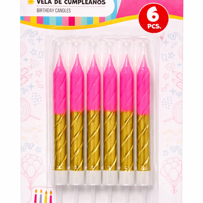 Vela Espiral Rosa con Dorado – 6 unidades