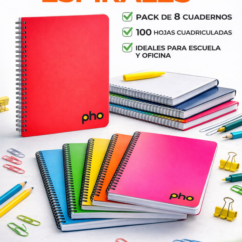 Pack 8 Cuadernos Espiral 100 Hojas Cuadriculadas 7 Mm