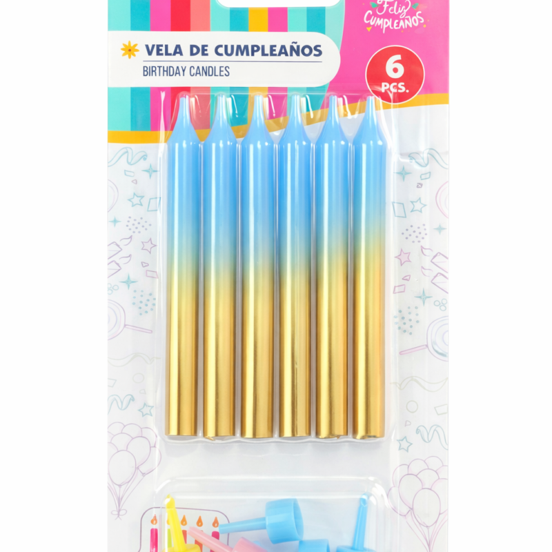 Vela Pastel Oro Celeste - 6 unidades