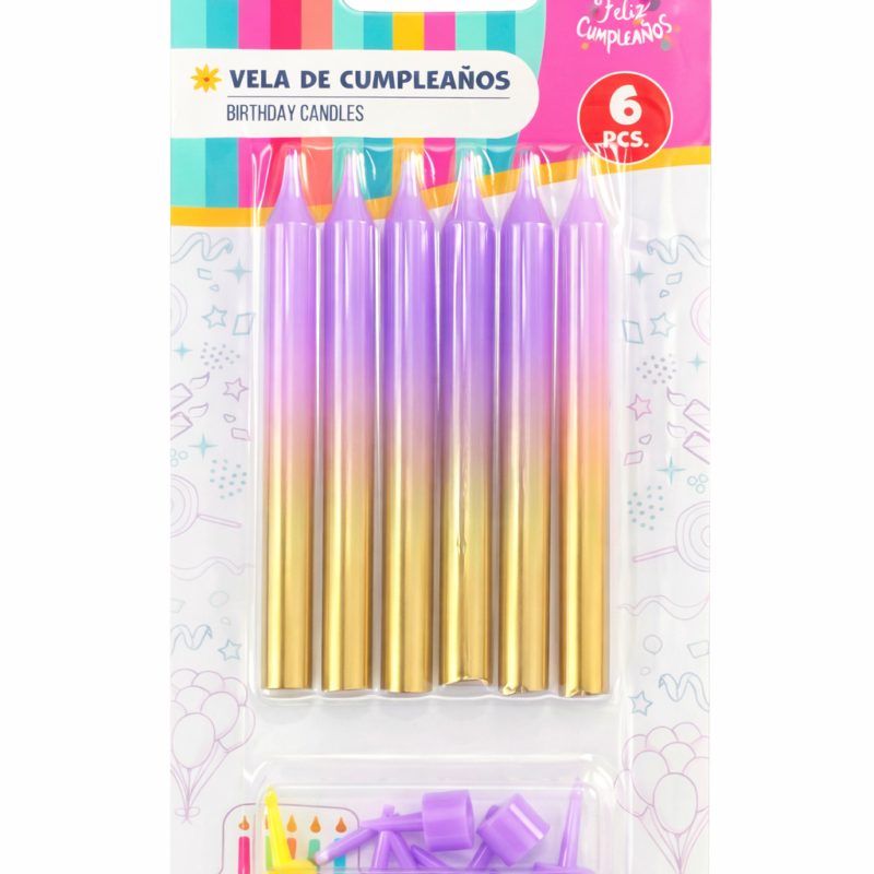 Vela Pastel Oro Morado - 6 unidades