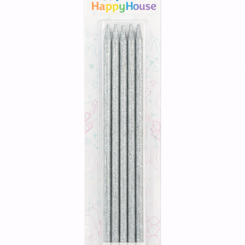 Vela Larga Glitter Plateada - 6 unidades